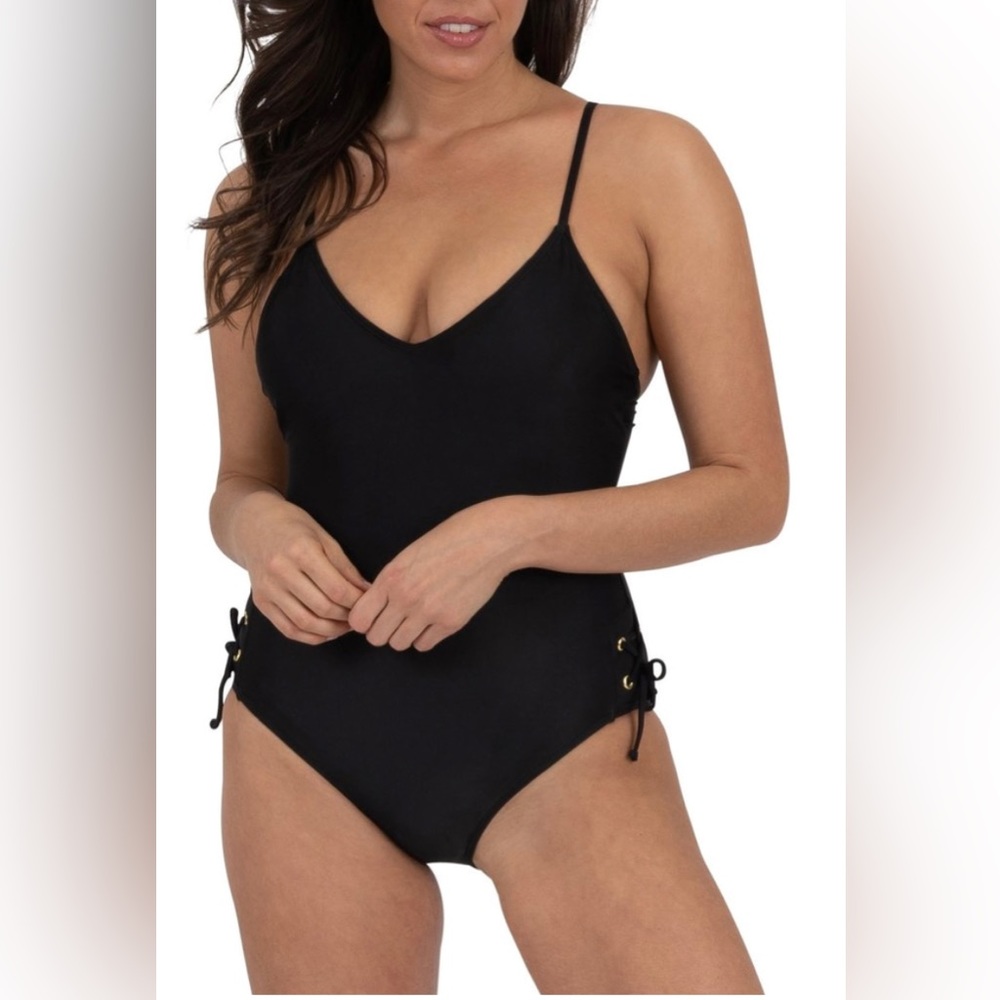 RACHEL RACHEL ROY Solid Side Lace Black One Piece Swimsuit Size Small 4-6)NWT